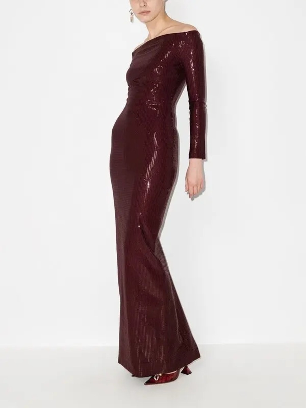 Solace London Ruby Maroon Sequin Off The Shoulder Gown Midi Dress Size 0